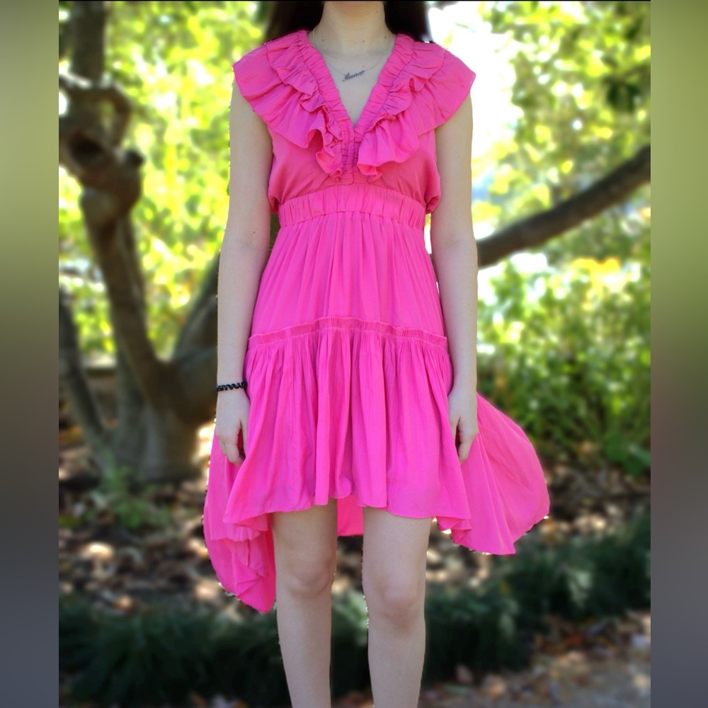 Mustard Seed Pink Hi-Low Hemline with Ruffle V Neck Flowy Dress NEW